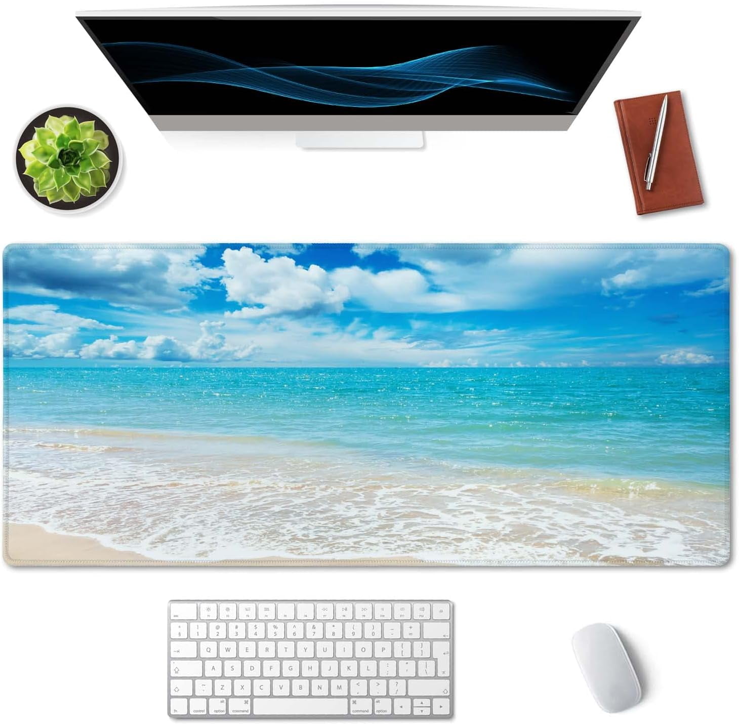 Gaming Mouse Pad, Extended Mouse Pad, 35.4x15.7inch XXL Large Big Computer Keyboard Mouse Mat Desk Pad with Non-Slip Base and Stitched Edge for Home Office Gaming Work, Beaches Sunny Day