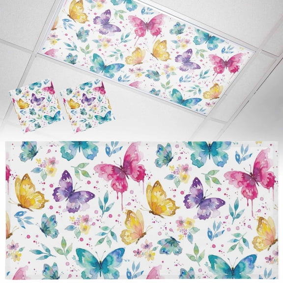 2 Pack Watercolor Butterflies Fluorescent Light Covers for Ceiling Lights Yellow Pink Blue Butterfly Spring Magnetic Ceiling Light Covers Overhead Light Filters for Office Classroom Home