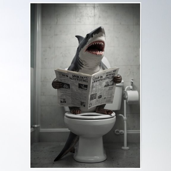 369 Prints Shark Reading A Newspaper In Bathroom- No Framed, Vintage Wall Art, Trendy Retro Print, Room Decor, Wall Art, Poster Only