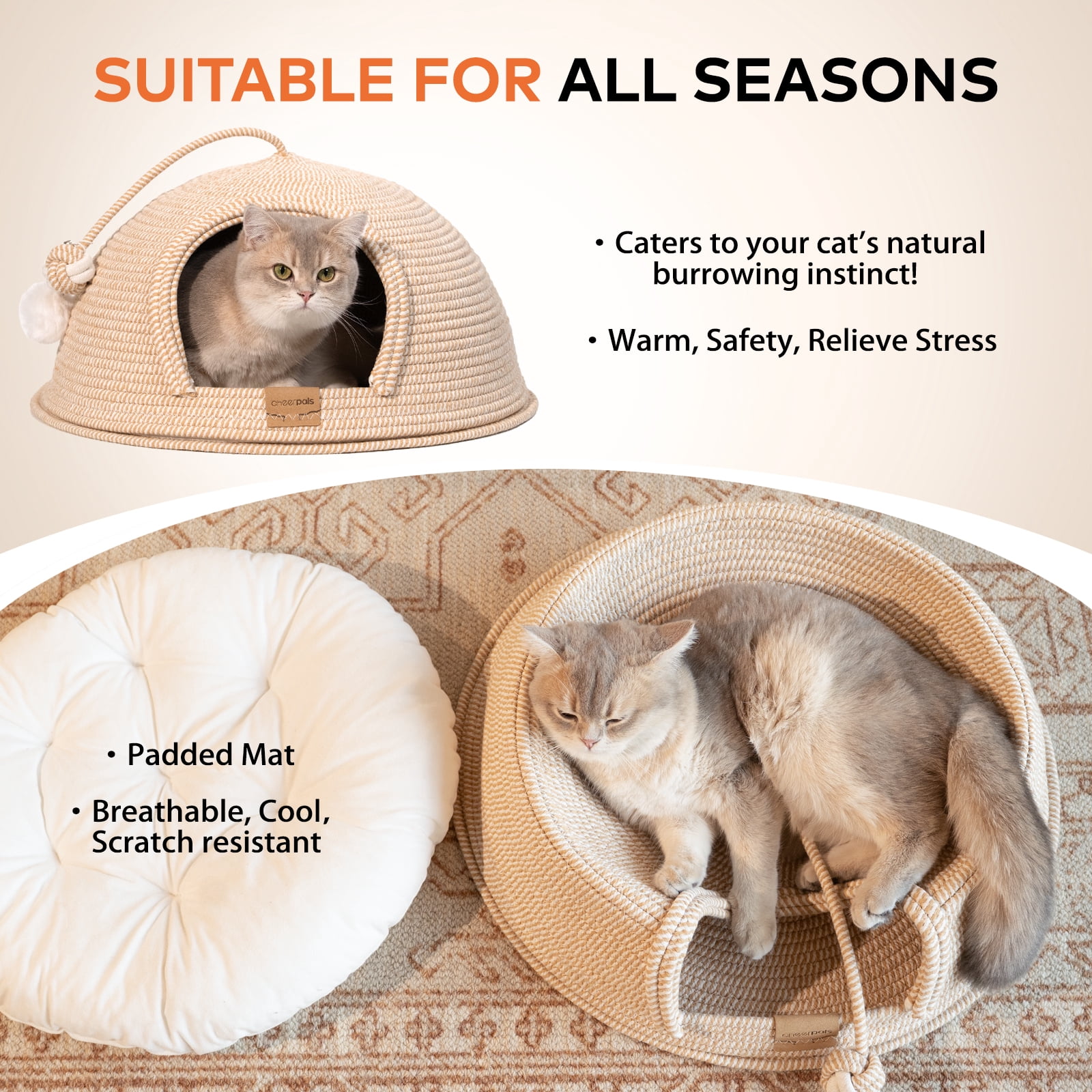 CheerPals Cat Cave Bed with Cushion, 21*21in All-Season Large Cats House Tent with Toy Ball for Indoor
