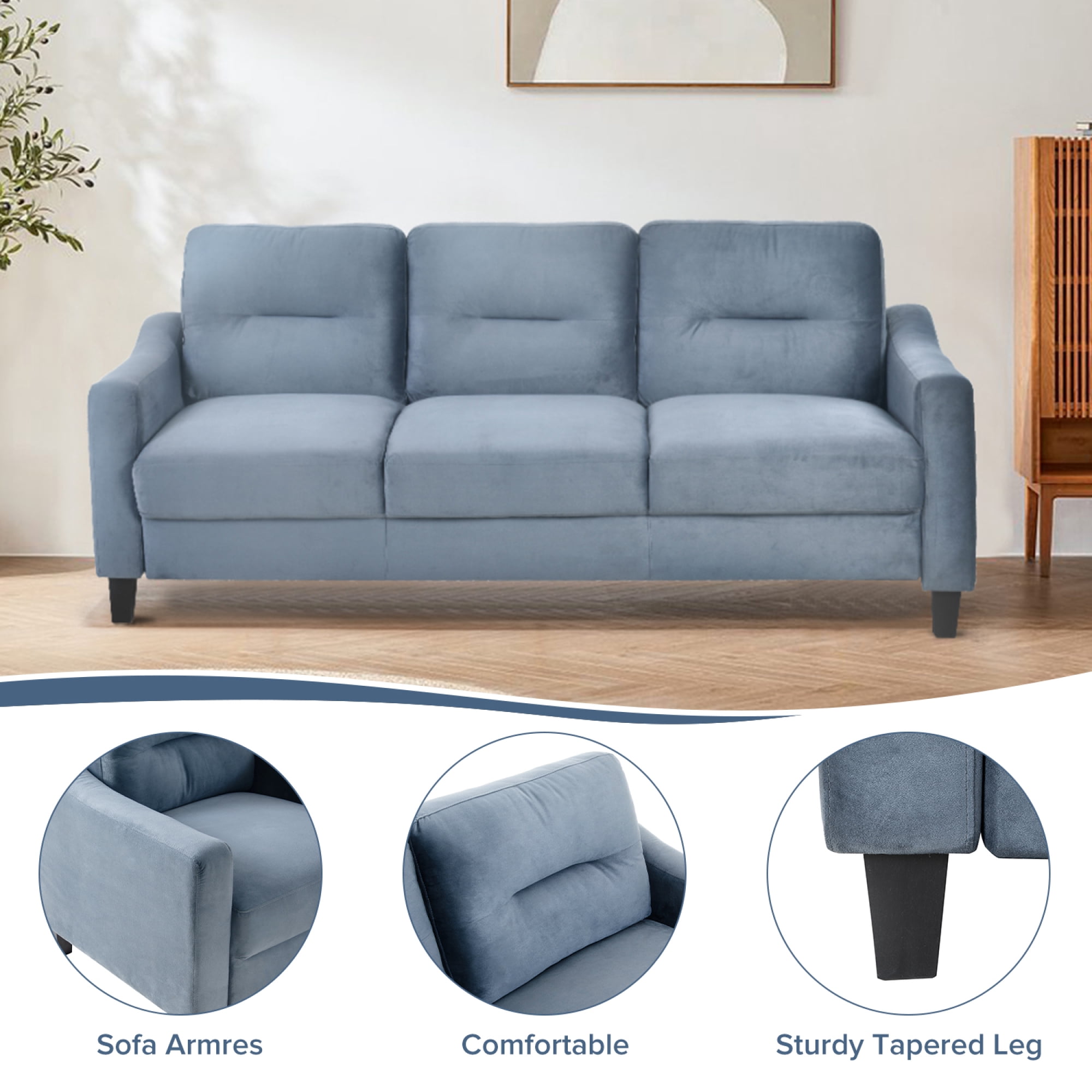 Mitinya Mid Century Modern Velvet Upholstered 3 Seater Couch, Gray