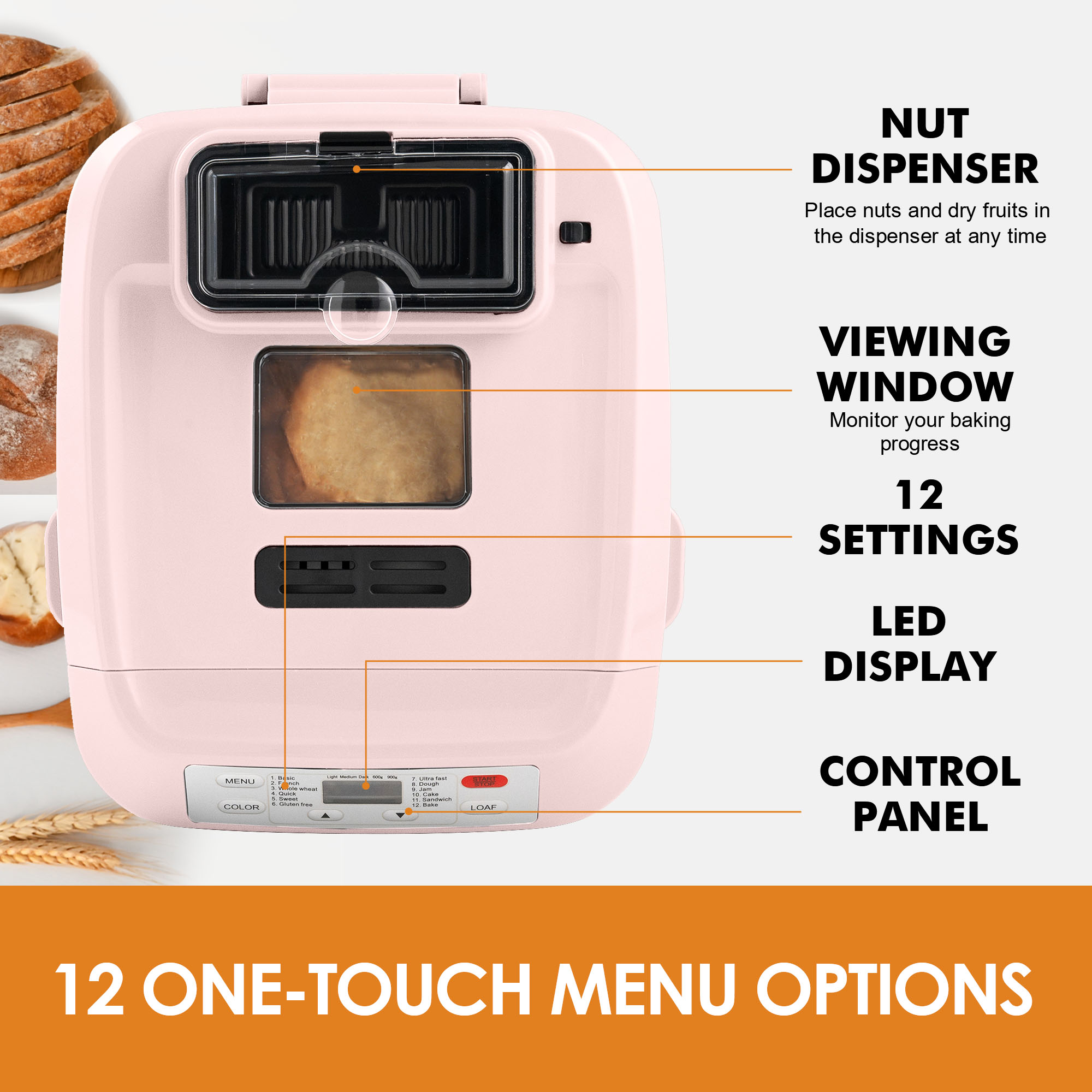 Kitchen in the Box 2lb Bread Maker with Auto Fruit Nut Dispenser, 12-in-1 Gluten-Free Bread Machine, 13H Delay Timer, Nonstick Pan, Keep Warm, Pink