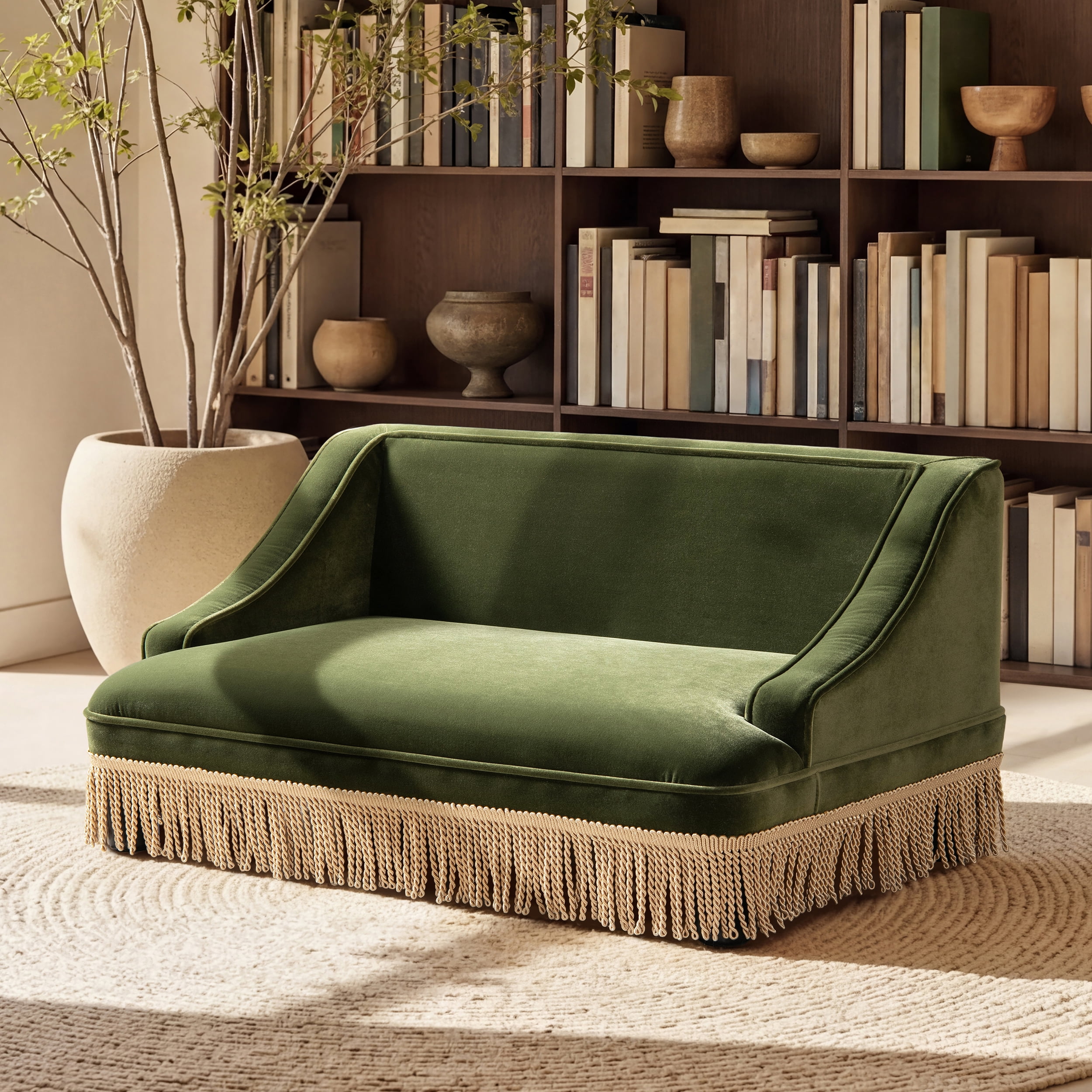 33" Medium Princess Pet Bed Sofa with Fringe Skirt, Olive Green Performance Velvet