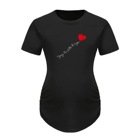 

Temou-1 Maternity Crew Neck Ruched T-shirt Letter Balloon Heart Print Short Sleeve Top Women‘s Summer Clothes