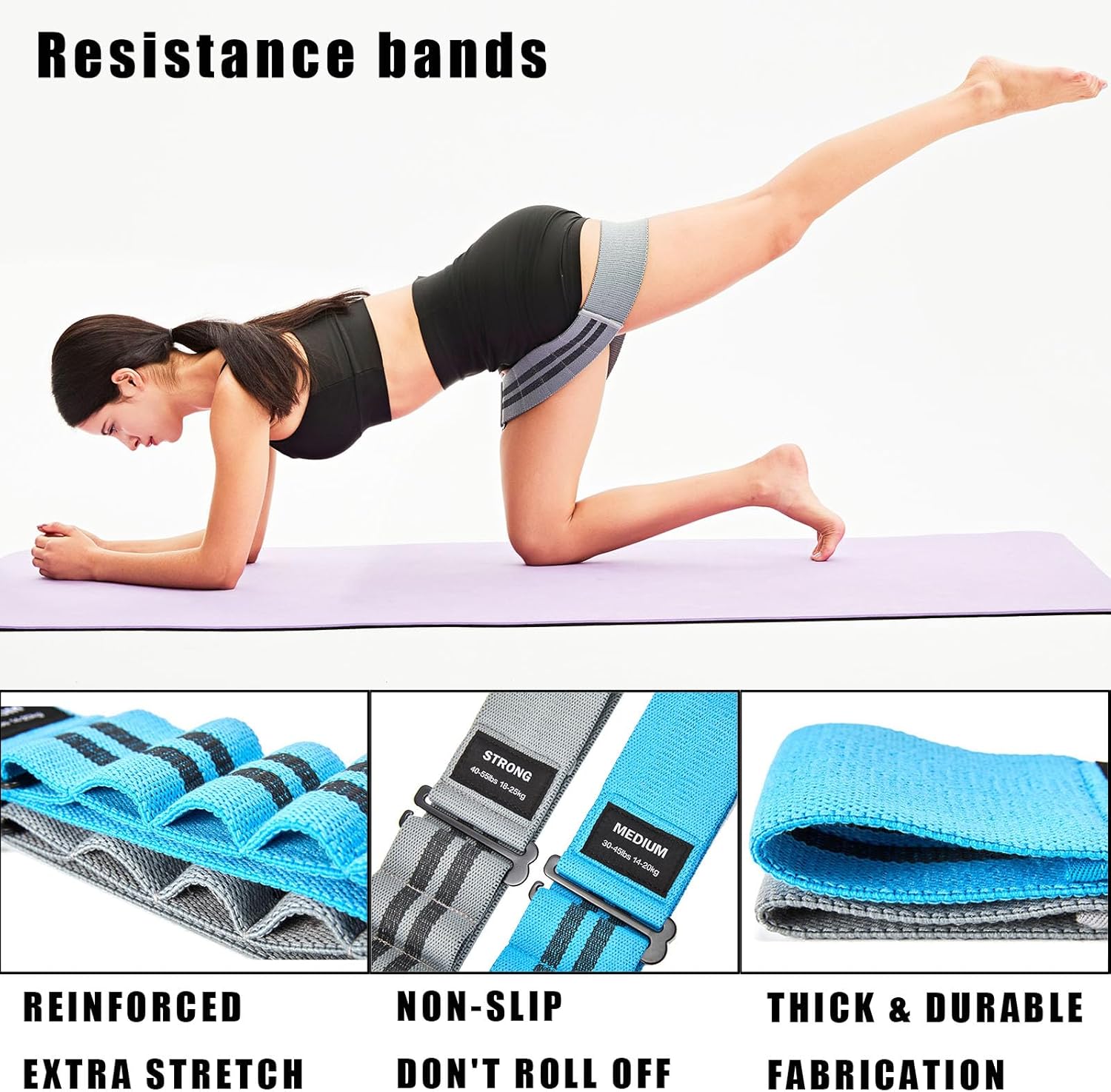 JJEAN-Adjustable Fabric Resistance Bands for Squats, Glutes & Legs – 5 Levels of Customizable Size, Width & Tension, Non-Slip Booty Bands for Men and Women, Pilates & Yoga Workouts(Medium)