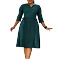 thumbnail image 3 of Vestido de oficina ajustado informal de talla grande para mujer, vestido retro elegante con escote en V y cintura alta con estampado de manga 3/4, vestido de fiesta para mujer, 3 of 5