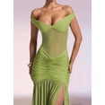 thumbnail image 5 of V Neck Bridesmaid Dresses Pleated Chiffon 2025 Off Shoulder Flowy Formal Evening Wedding Guest Dress with Slit Green M, 5 of 7