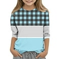 thumbnail image 2 of Girls 3/4 Sleeve Basic T-shirts Fashion Plaid Striped Tshirts Casual Fall Spring Polyester Cotton Tops 3-14 Years (4T, Light Blue), 2 of 5