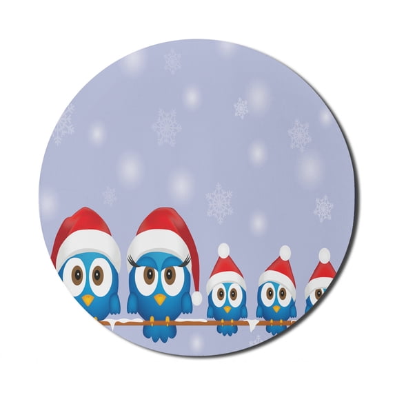 Christmas Mouse Pad for Computers, Bird Family with Santa Hats on Electricity Wire Winter Holiday Humorous Design, Round Non-Slip Thick Rubber Modern Gaming Mousepad, 8" Round, Blue Red, by Ambesonne