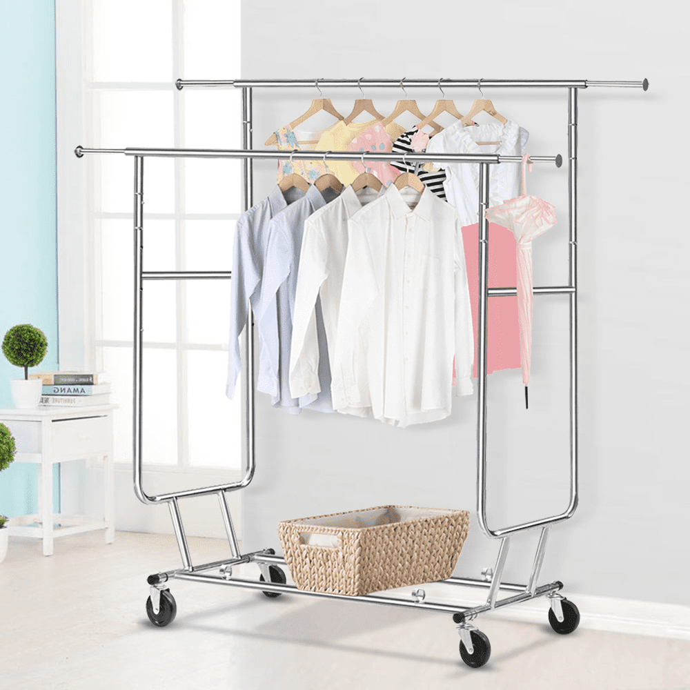 250 LBS Heavy Duty Commercial Clothing Garment Rolling Collapsible Rack Chrome 