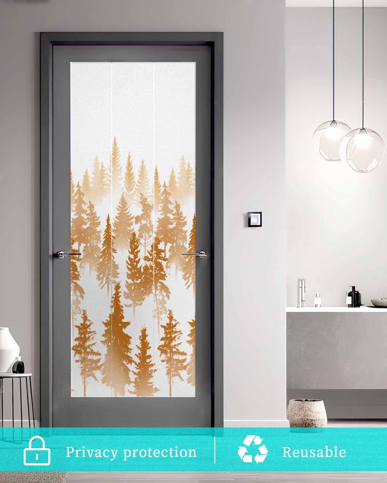 Window Privacy Film, Burnt Orange Forest UV Sun Blocking Window Tint Film Heat Control One Way Blackout Window Film, Modern Abstract Silhouette Art Non Adhesive Static Cling Sticker 29.5x78.7 In