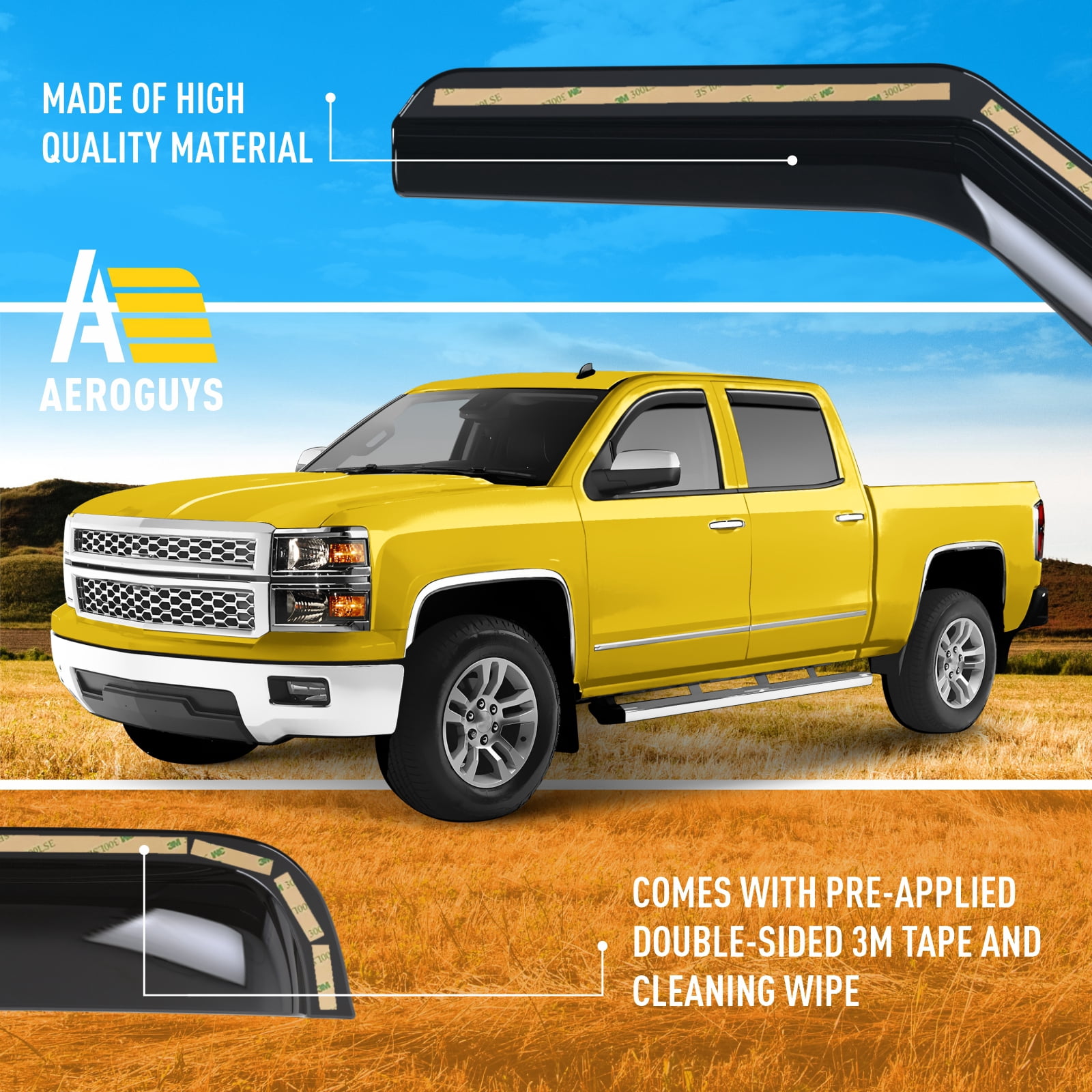 AEROGUYS Extra Durable Window Deflectors In-Channel Window Visors Rain Guards Fit for Chevy Silverado 1500 2014-2018 Crew Cab, Sun Visors, Wind Vent Visors, Car Accessories - 4 pcs. AG0758
