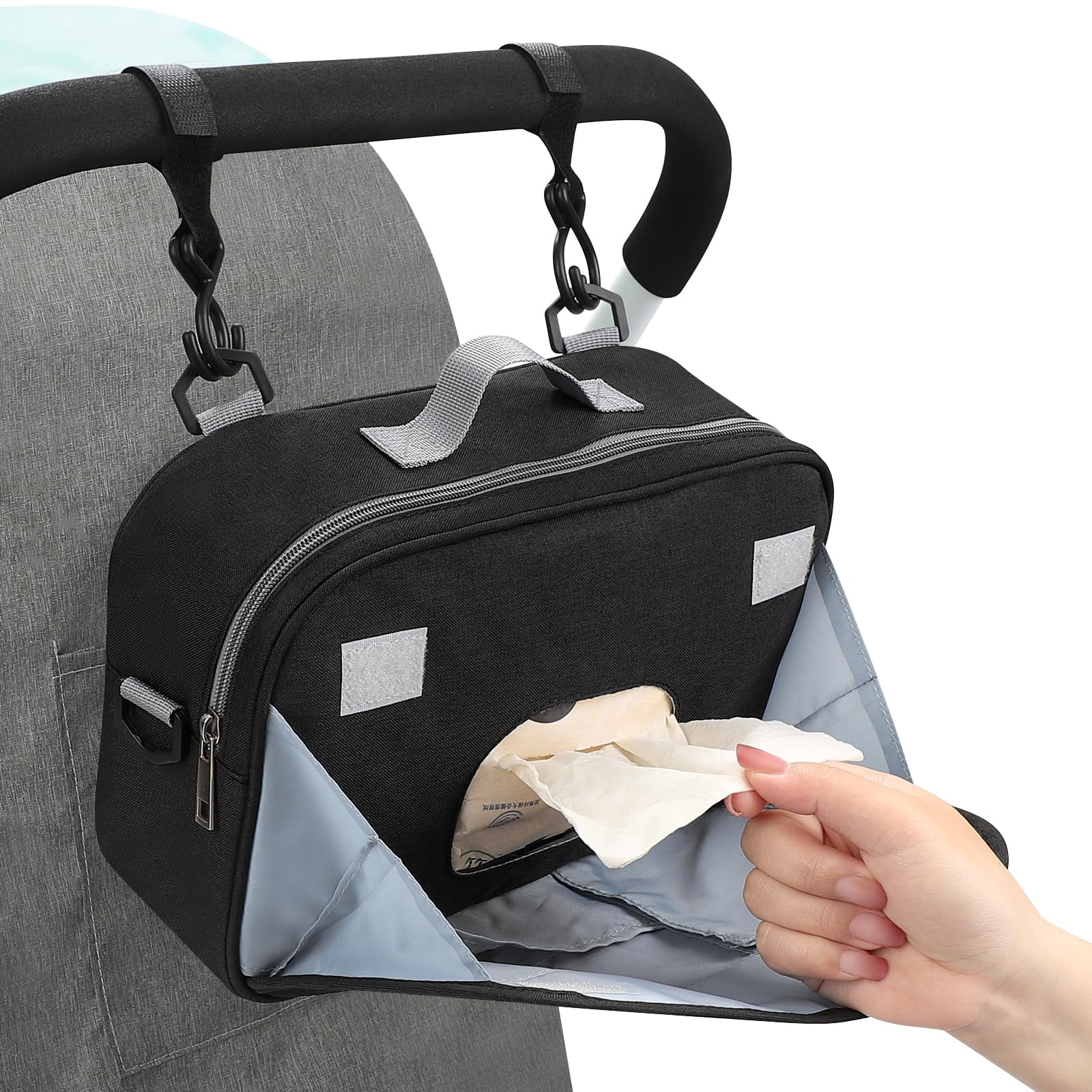 Stroller Organizer, Universal Stroller Organizer with Insulated Cup Holder Pocket, Dual Purpose Large Capacity Stroller Bag Caddy, Stroller Accessories Fits（Black）