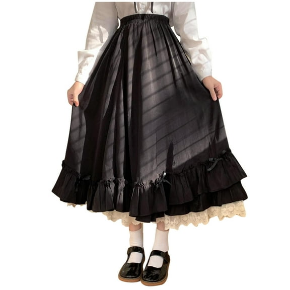 Women's Solid Color High Waist Two Piece Skirt Set - Japanese Style, Lolita Ruffled Hem