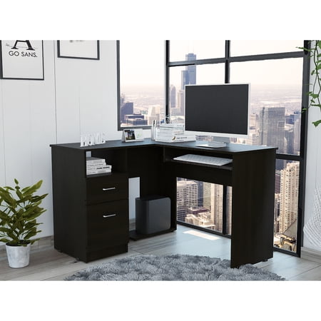 Mix L-shaped Desk Black With Keyboard Tray And Two Convenient Drawers 45.82 In Depth 41.86 Width 93.53 Lb Black Study Desk Tray Drawers & Open Shelf