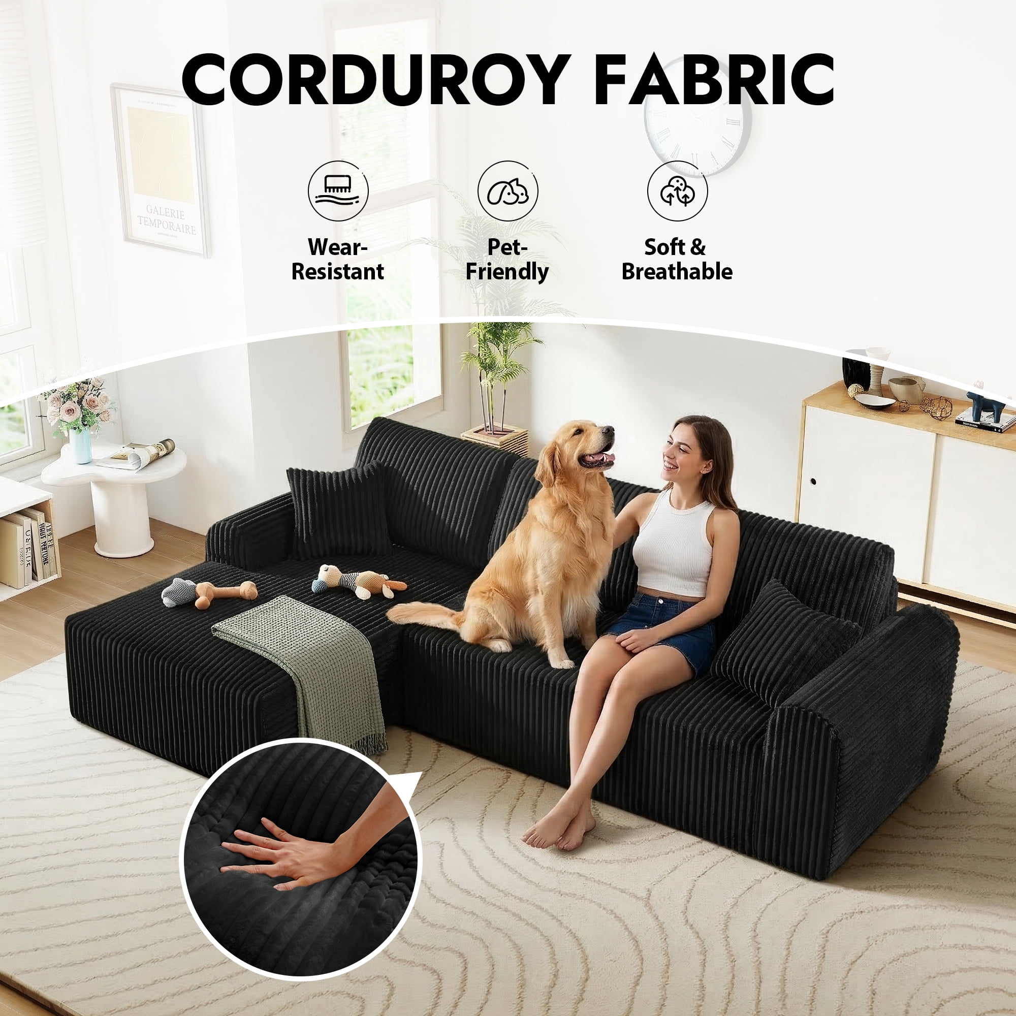 Aukfa 109" Modular Cloud Sectional Sofa with L-Shape Chaise, Corduroy Upholstered Deep Seat Couch, Left Facing Chaise, No Assembly Boneless Sofa for Living Room/Bedroom/Apartment, Black