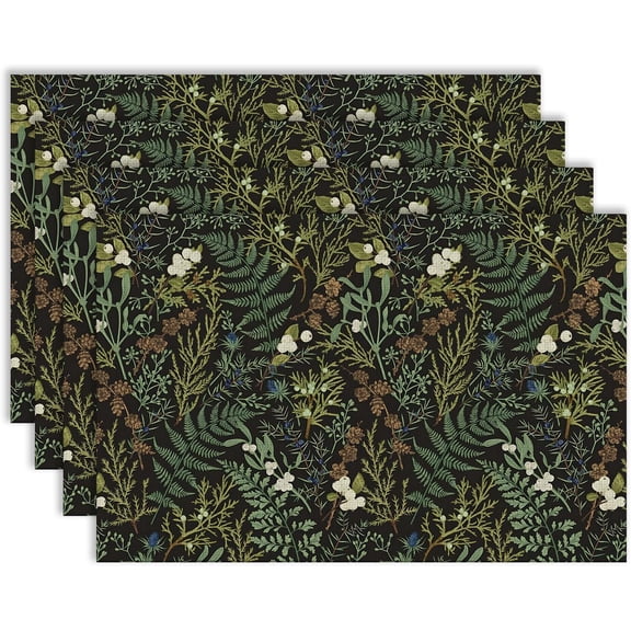 Dark Cottagecore Botanical Green Leaf Placemats, Vintage Tropical Fern Herbs Floral Table Mats Washable Placemat for Home Party Kitchen Dining Room Decoration 12x18 Inch