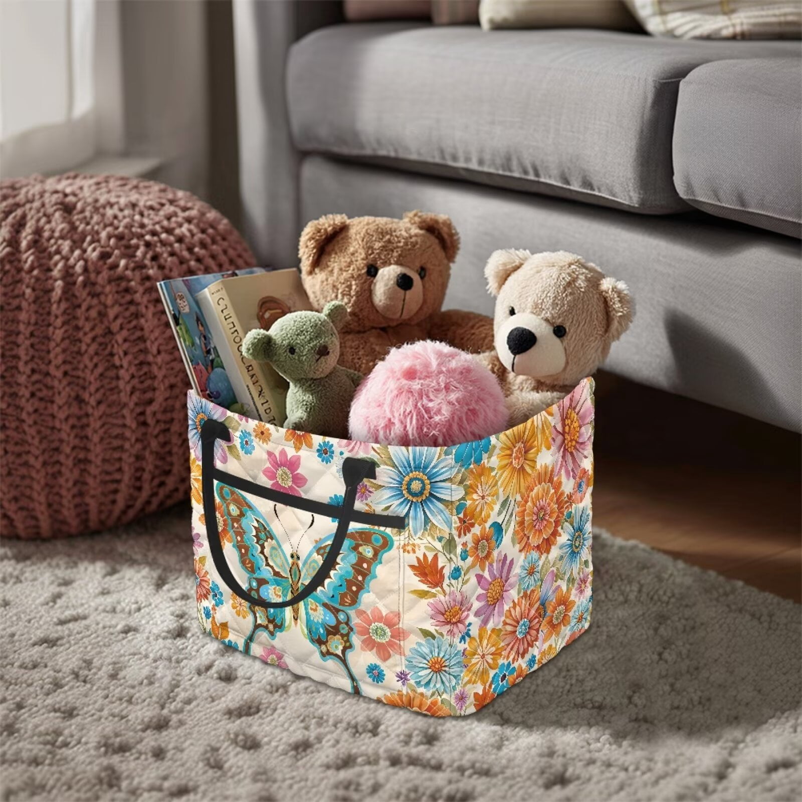 Yuyamidu Colorful Butterfly Storage Basket Fabric with Handles Quilted Basket Large Capacity Laundry Basket Portable Folding Storage Nursery Organizer Bin for Clothes Toys