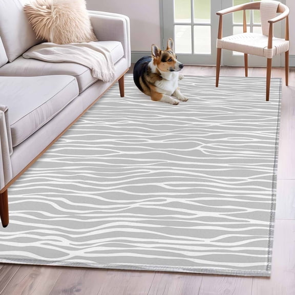 Area Rug for Living Room, Gray Lines Non-Slip Indoor Large Carpet for Bedroom/Dining Room, Vintage Wave Stripes Texture Simple Washable Low-Profile Rectangle Floor Mat Runner Rugs - 3 x 5 Ft