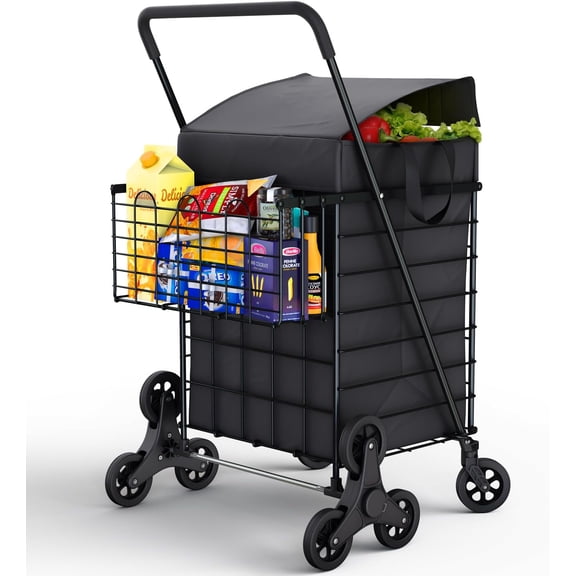 Stairs Climbing Shopping Cart w/Waterproof Basket Liner and 360° Swivel Wheels | Foldable Collapsible and Lightweight | Perfect for Groceries Laundry Utility Cart - Black