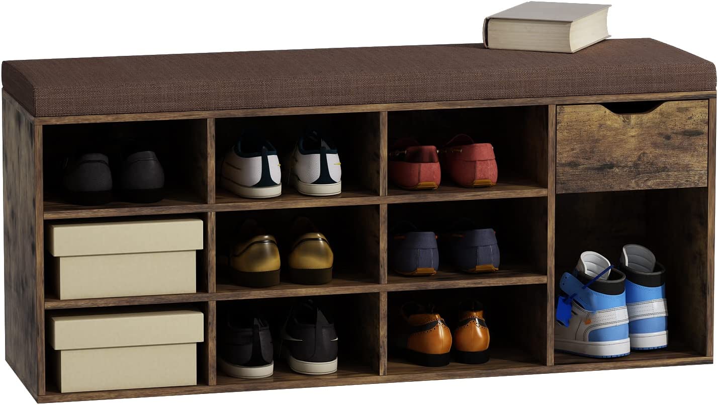 Entryway Bench, Shoe Storage Benches with Cushion and Drawer, 10Cube