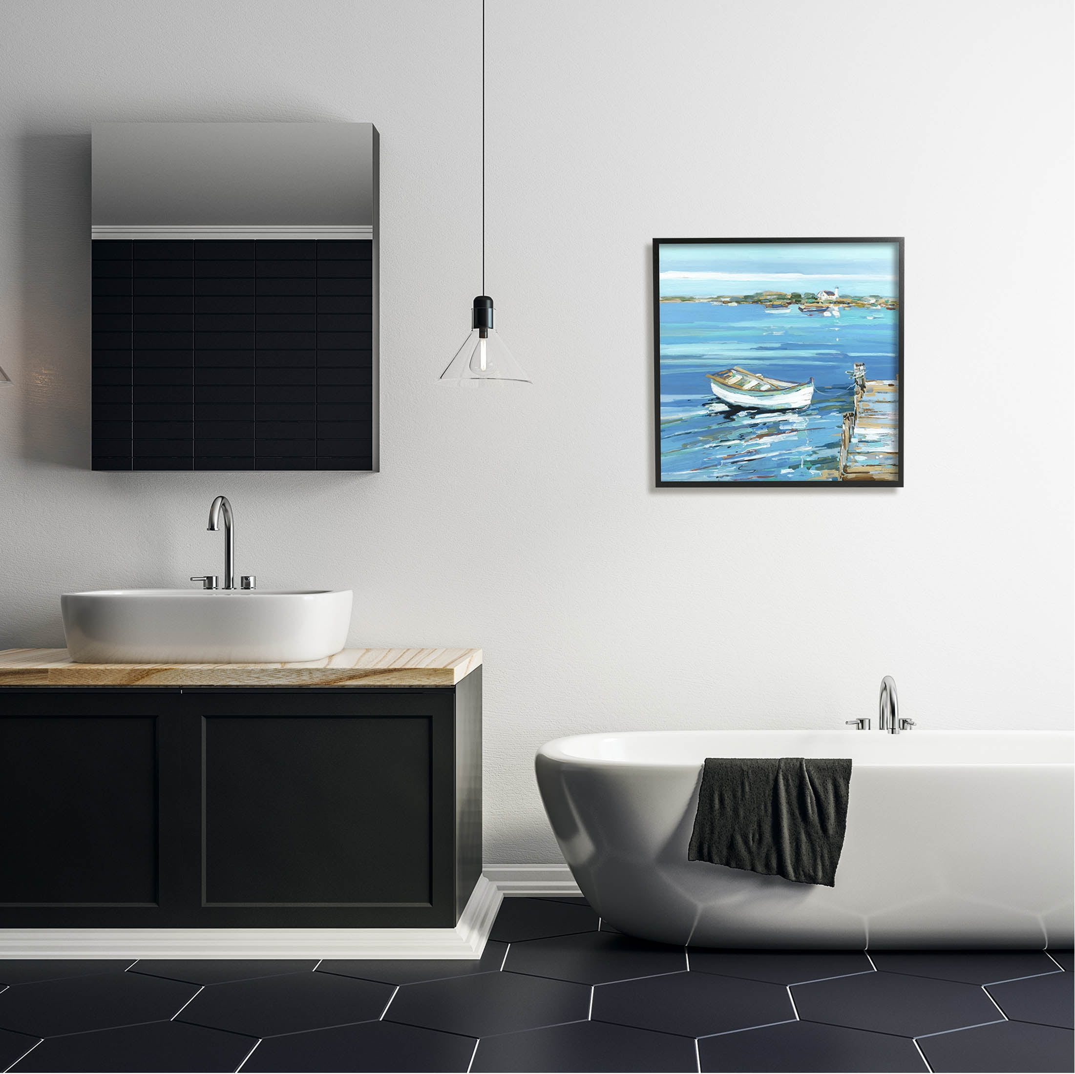 Stupell Industries Docked Dinghy Lake Scenery Painting Black Framed Art Print Wall Art, Design by Sally Swatland