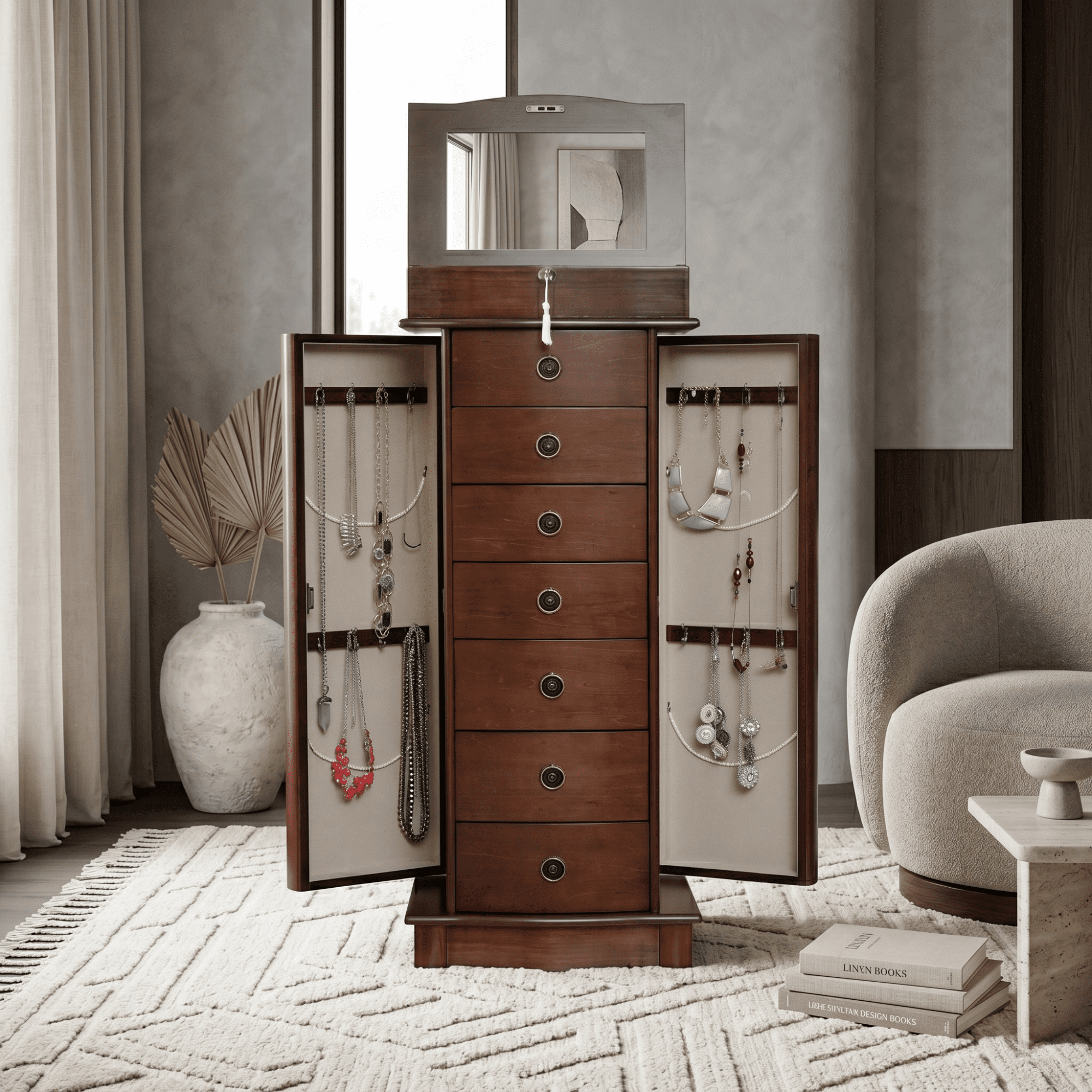Hives and Honey Nora Traditional Jewelry Armoire with Locking Compartment and Ample Storage, Walnut