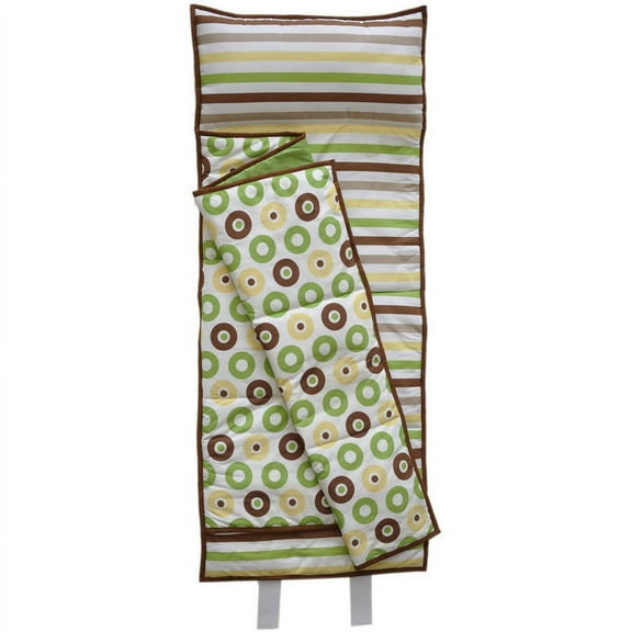 Bacati - Mod Dots/Stripes Toddler Nap Mat in Green/Yellow/Chocolate, 100% Cotton Percale with attached pillow, size 20 x 50 inches