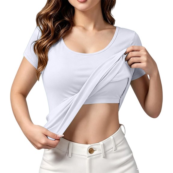 Womens Shirts Built In Shelf Bra Short Sleeve Yoga Gym Daily Athletic Casual Tee