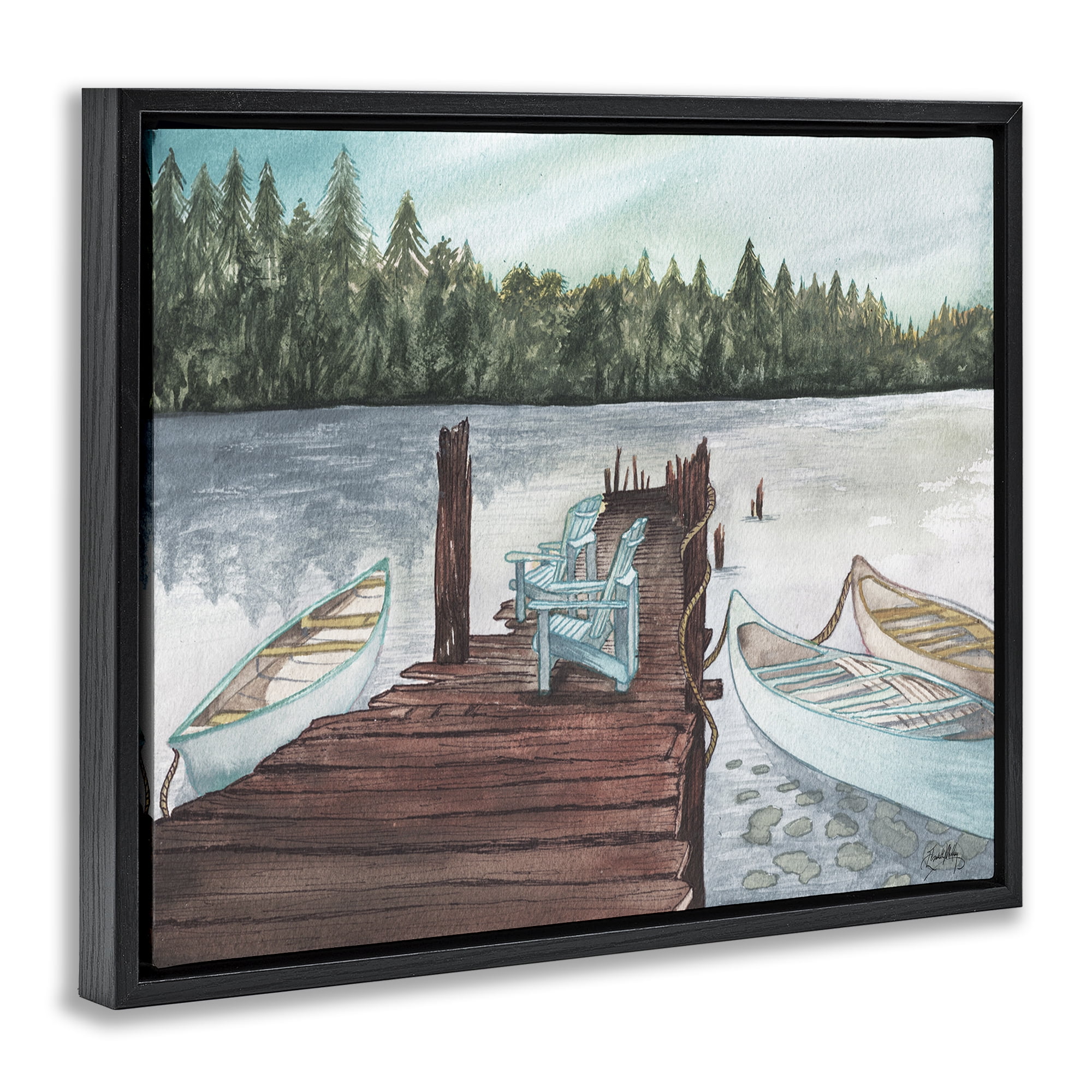 Stupell Industries Canoes at Lake Dock Landscape Painting Black Floater Framed Canvas Art Print Wall Art, 21 x 17