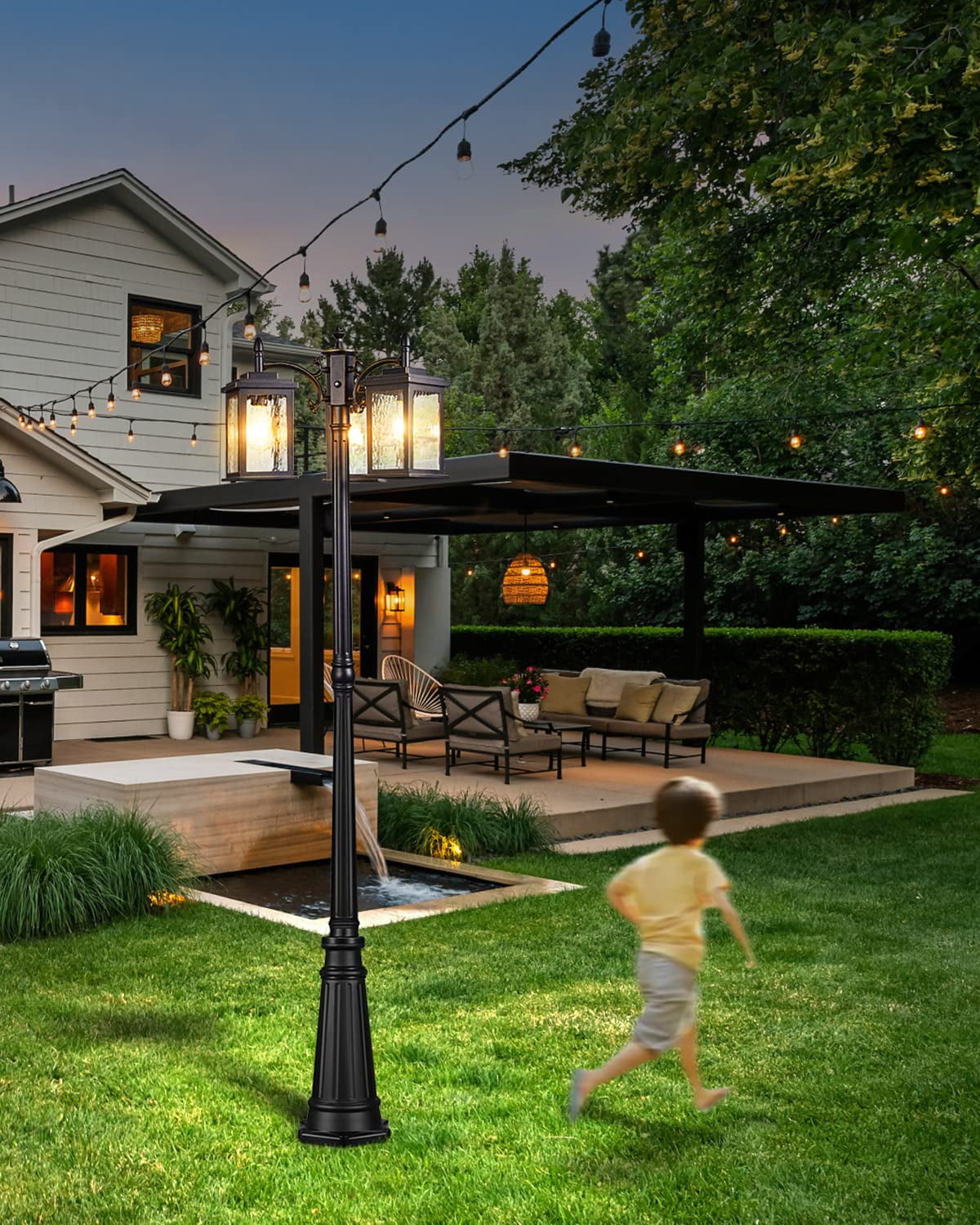 VIANIS Dusk to Dawn Lamp Posts Outdoor Lighting, Triple Head Street Light Pole Lamp for Outside, Waterproof Outdoor Post Light Fixtures Black with Tempered Ripple Glass for Garden Yard Patio Driveway