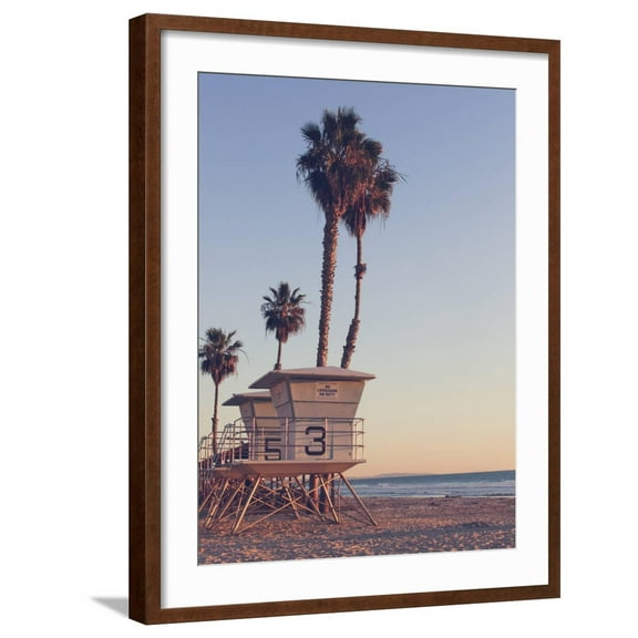 Art.com Vintage California Life Guard Station - California Beach with Life Guard Photographic Print by DCornelius, Brown Frame Wall Art, 23" x 29"