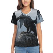 Fuzoiu Valley Gray Dragon Print Women's Classic V-Neck T-Shirt, Short Sleeve V Neck Tees for Casual Everyday Wear,Casual Fit Tee,Summer Fashion Tops-X-Large