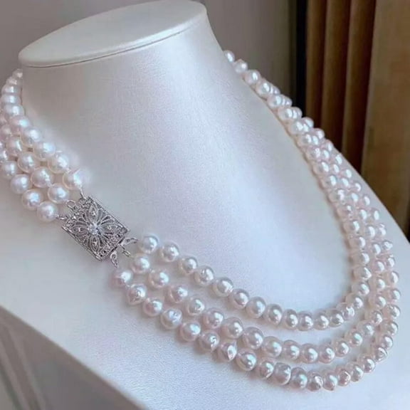 EOEMY 3 Strand 6-7mm White Freshwater Pearl Necklace 18"