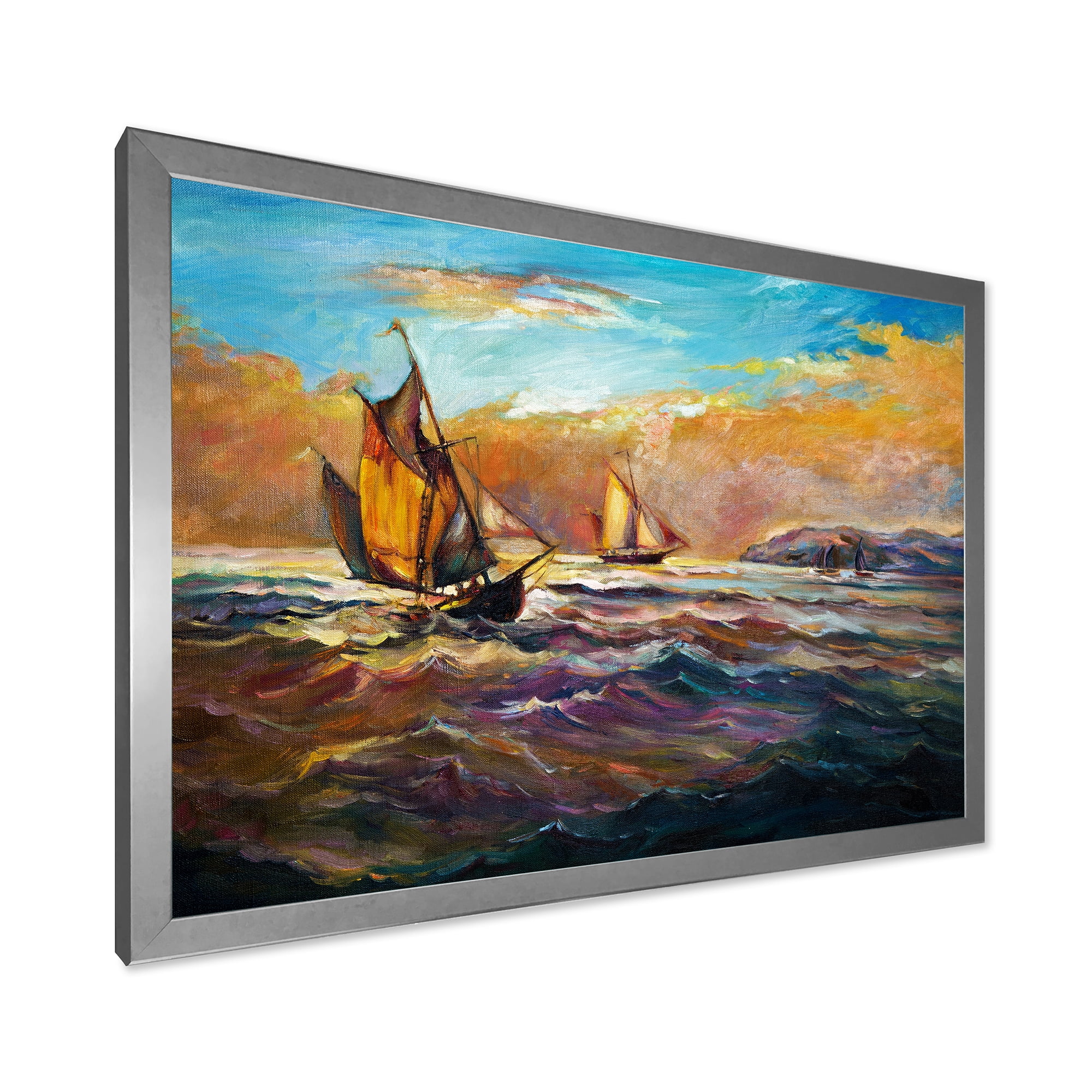 Designart 'Boats During Evening Sunset In The Ocean II' Nautical & Coastal Framed Art Print