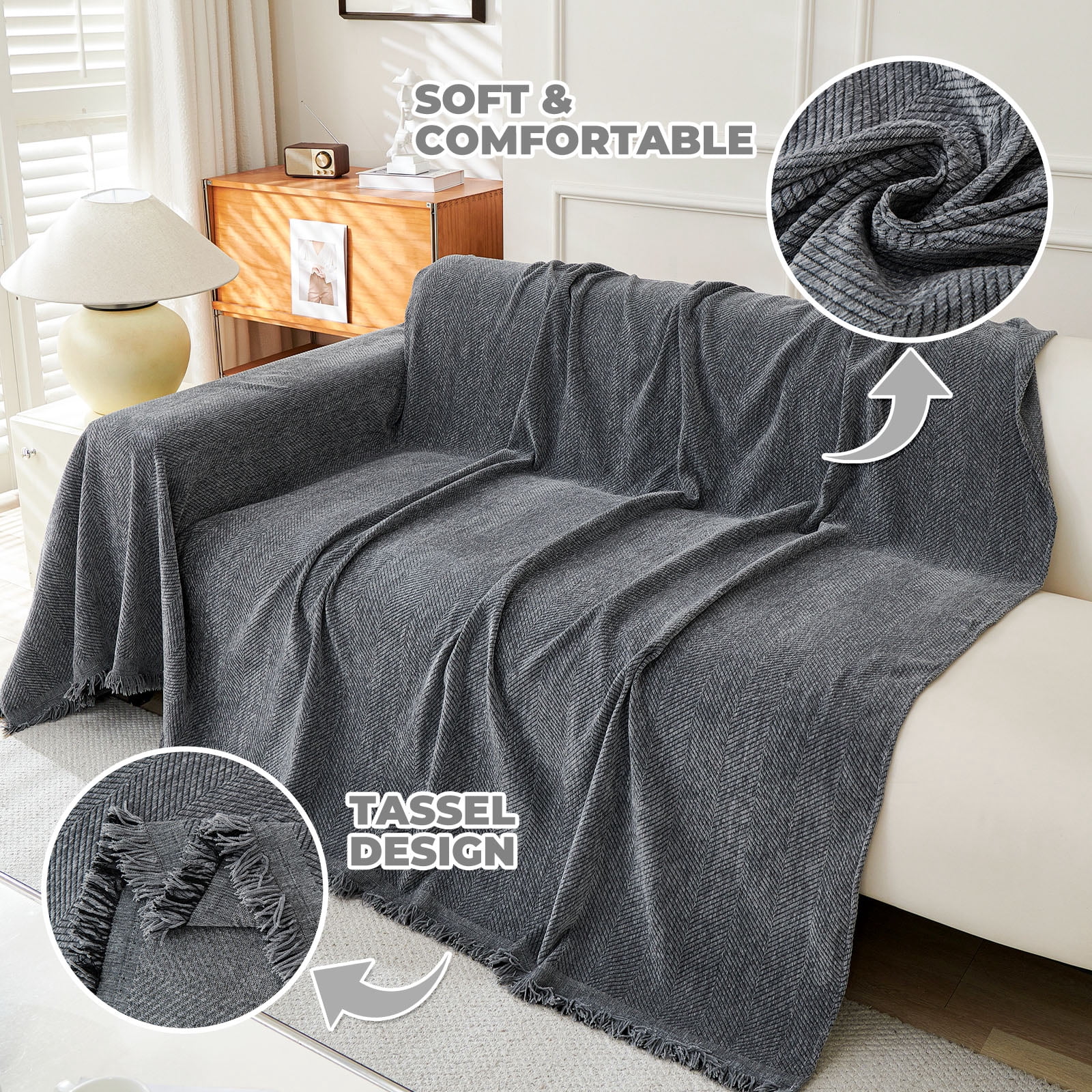 Sanmadrola Sofa Cover Non Slip Couch Cover for 3 Cushion Couch Machine Washable Furniture Protector for Dogs Pet Chenille Throw Slipcover Blanket for Living Room (Gray, 91"x134")