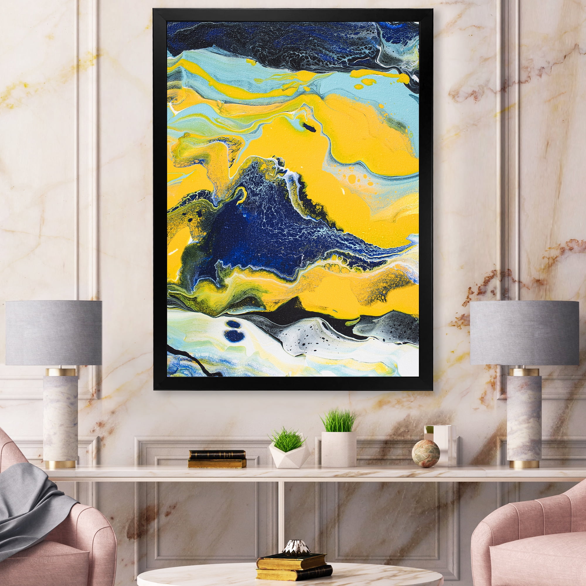 Designart 'Abstract Marble Composition In Blue and Yellow I' Modern Framed Art Print