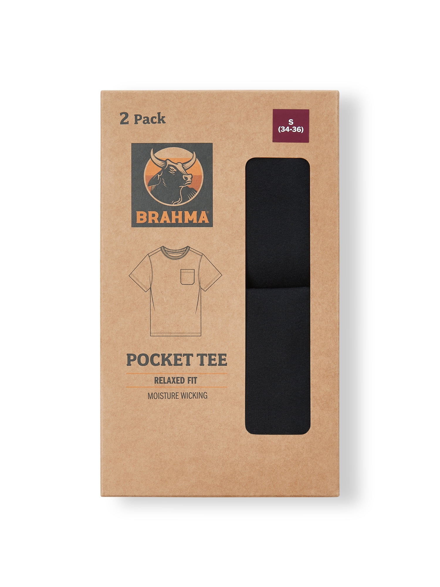 Brahma Men's Pocket T-Shirts Moisture-Wicking Short Sleeve Work Shirt, Black/Black, 2-Pack