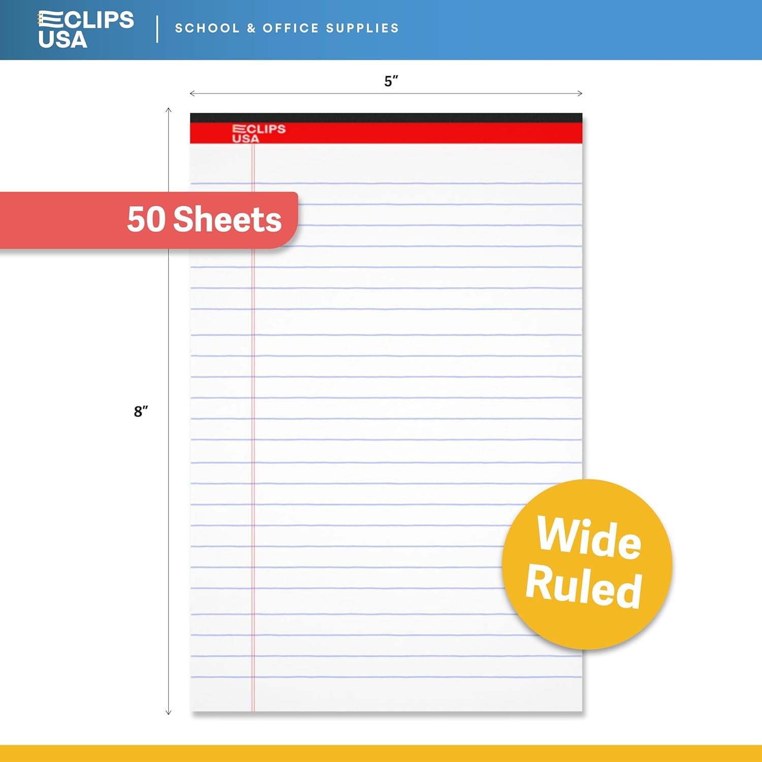 E-Clips USA 50-Sheet Legal Wide Ruled Paper Notepads with Chipboard Back, White, 108-Pack