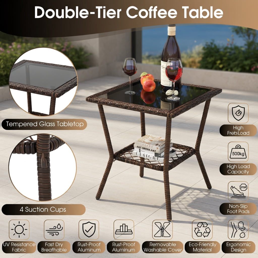 Hommoo 3-Piece Outdoor Rocking Bistro Set with 2-Tier Tempered Glass Coffee Table, PE Rattan, Brown