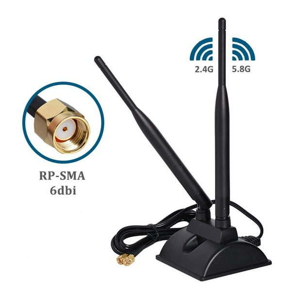 Antenne WiFi 6dBi avec connecteur mâle RP-SMA Antenne sans fil double bande  2,4 GHz 5 GHz avec base magnétique pour carte réseau WiFi PCI-E Routeur  sans fil WiFi Hotspot mobile 