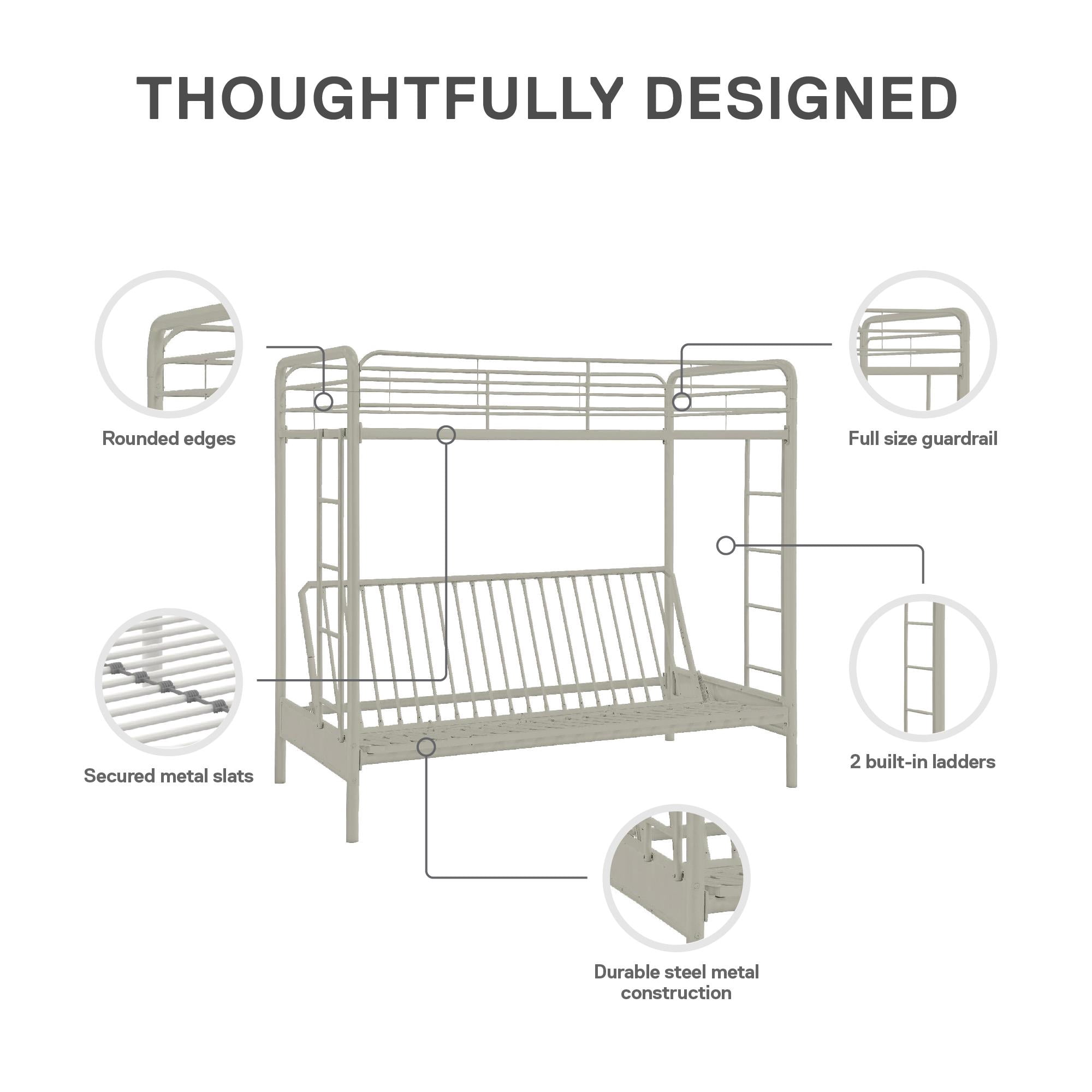 DHP Sammie Twin over Futon Metal Bunk Bed, Off White