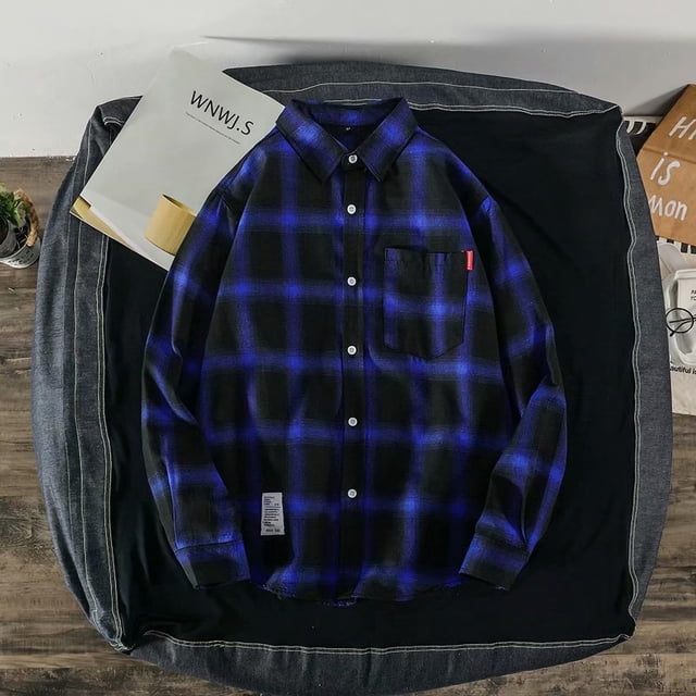 Plaid Blouse Collar Plaid Shirt Plaid T Shirt Long Sleeve Casual Fashionable Tops For Hong Kong Style Ins For Autumn Fall Man LoversBlue L ANGGREK No