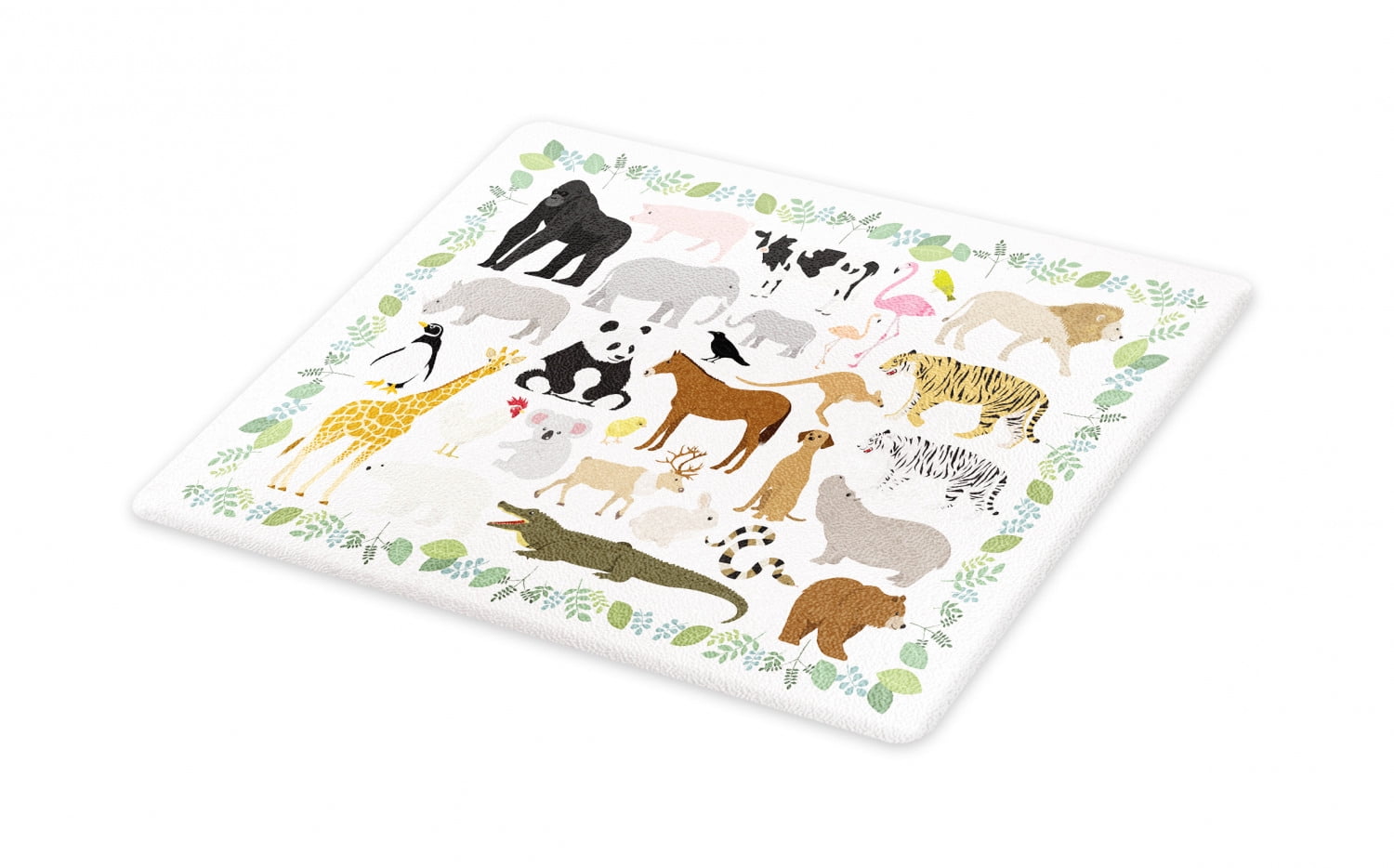 Animal Cutting Board, Various Forest Creatures with Leaves Around as