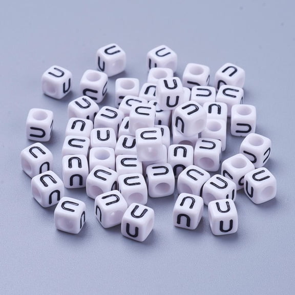 Letter U White Letter Acrylic Cube Beads Horizontal Hole Size: 6mm wide 6mm long 6mm high hole: 3.2mm 300pcs/50g