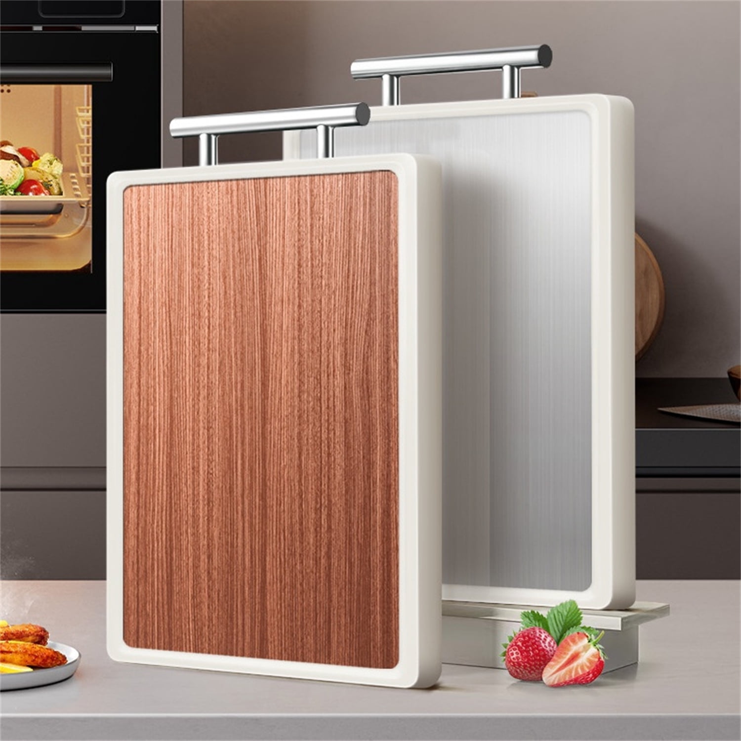 Dingrich Double-Sided Cutting Board for Kitchen, 15x10inch Chopping Board with Non-Slip Suspension Handle, Ebony Wood and Stainless Steel Sides for Cutting Diverse Ingredients, 1 Pack