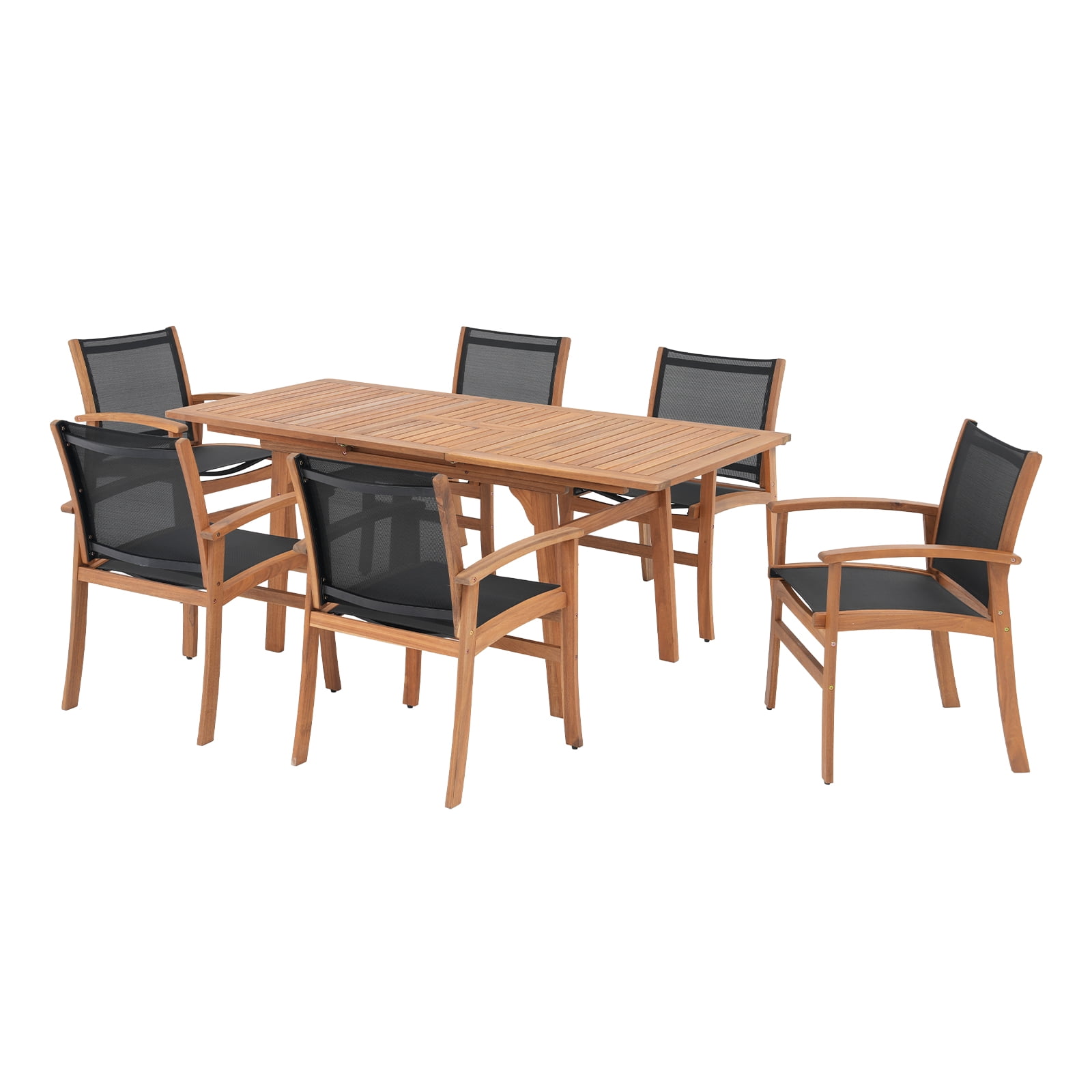 Expandable Wooden Outdoor Dining Set of 7, with Textilene Fabric Chairs, 4-8 Seater Patio Furniture, Adjustable Feet, Wood Table with Umbrella Hole, Ideal for Garden/Backyard/Deck, Black Chair