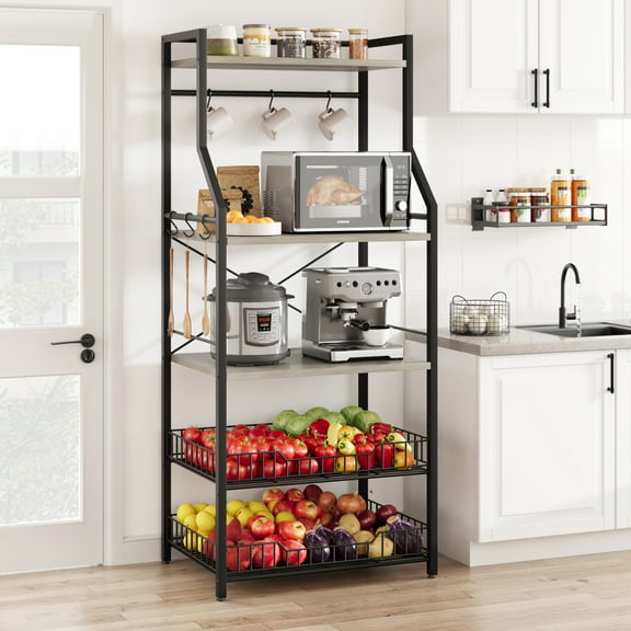 5-Tier Kitchen Bakers Rack with Large Wire Baskets, 8 Hooks and Freestanding Microwave Stand – Industrial Coffee Bar Storage Shelf for Small Kitchens – Black Gray