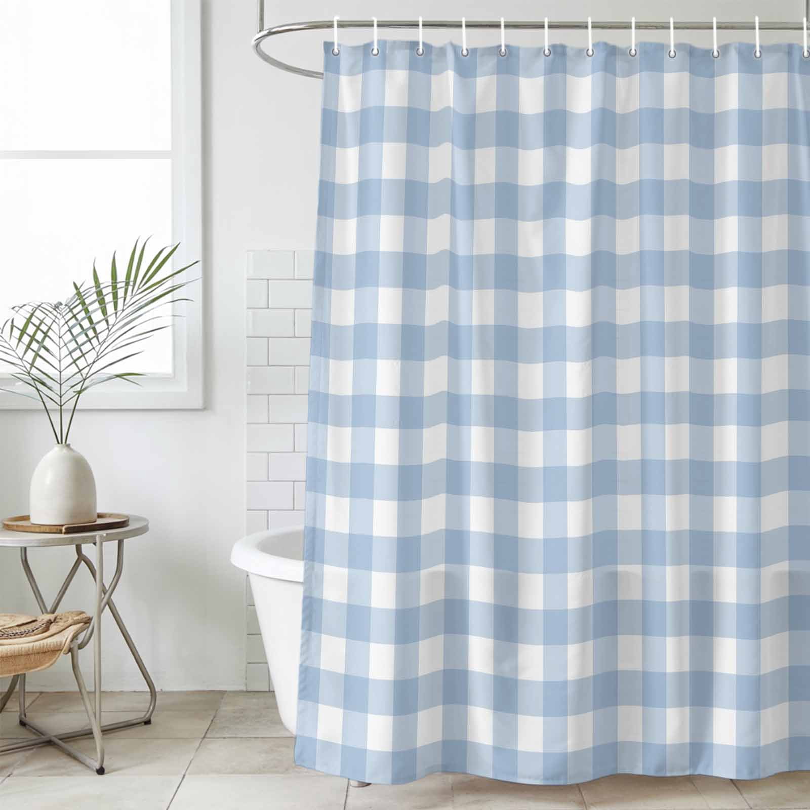 Light Blue Plaid Shower Curtain, Waterproof Shower Curtains for Bathroom, Modern Minimalist Country Washable Fabric Bathtub Curtain Set Bath Decor with 12 Hooks Extra Long 72"x96"