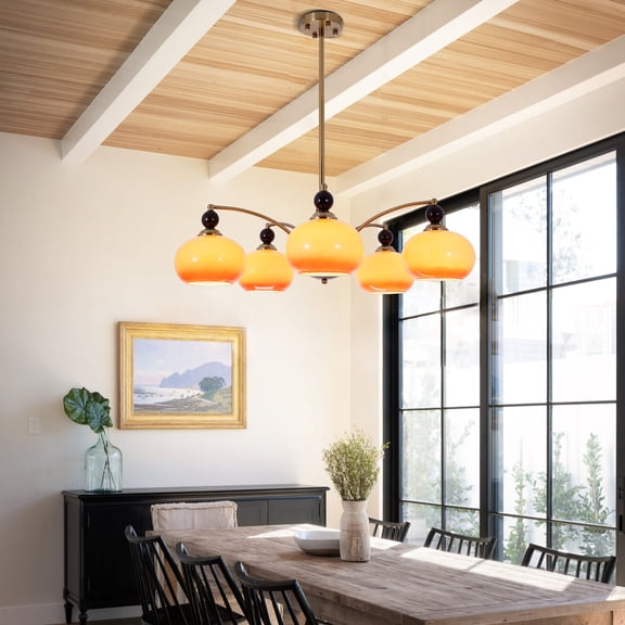 33" Vintage European Golden Wrought Iron 5-Light Chandelier - 5 E26 Sockets Wall Control, Orange Glass Shades 4.9"x7.1"